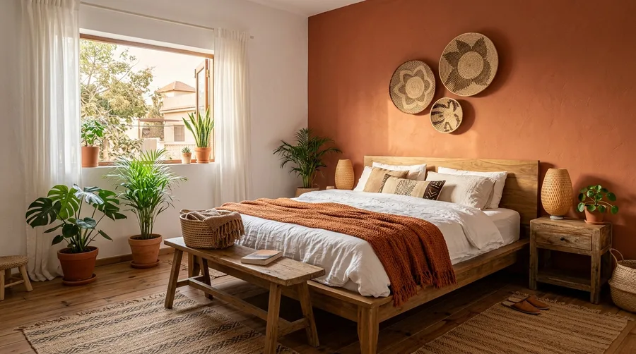 Chambre chaleureuse au mur terracotta