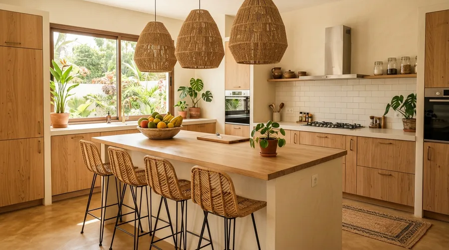 Cuisine en bois clair et suspensions en raphia