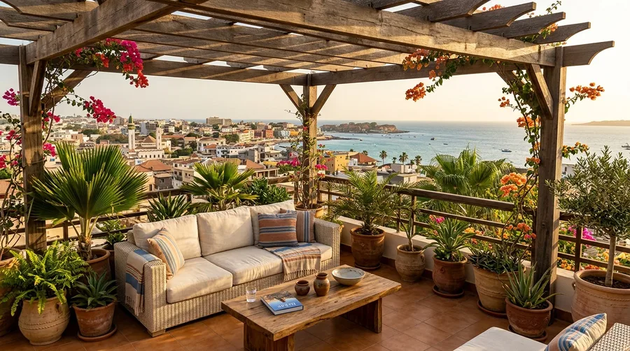 Terrasse sous pergola sur les toits de Dakar